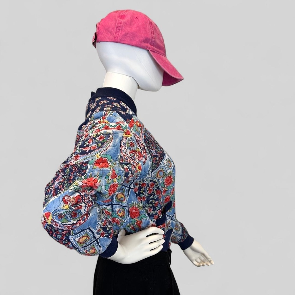 Vintage Carole Little Quilted Floral Bomber Jacket Sz 8 Blue Cottagecore